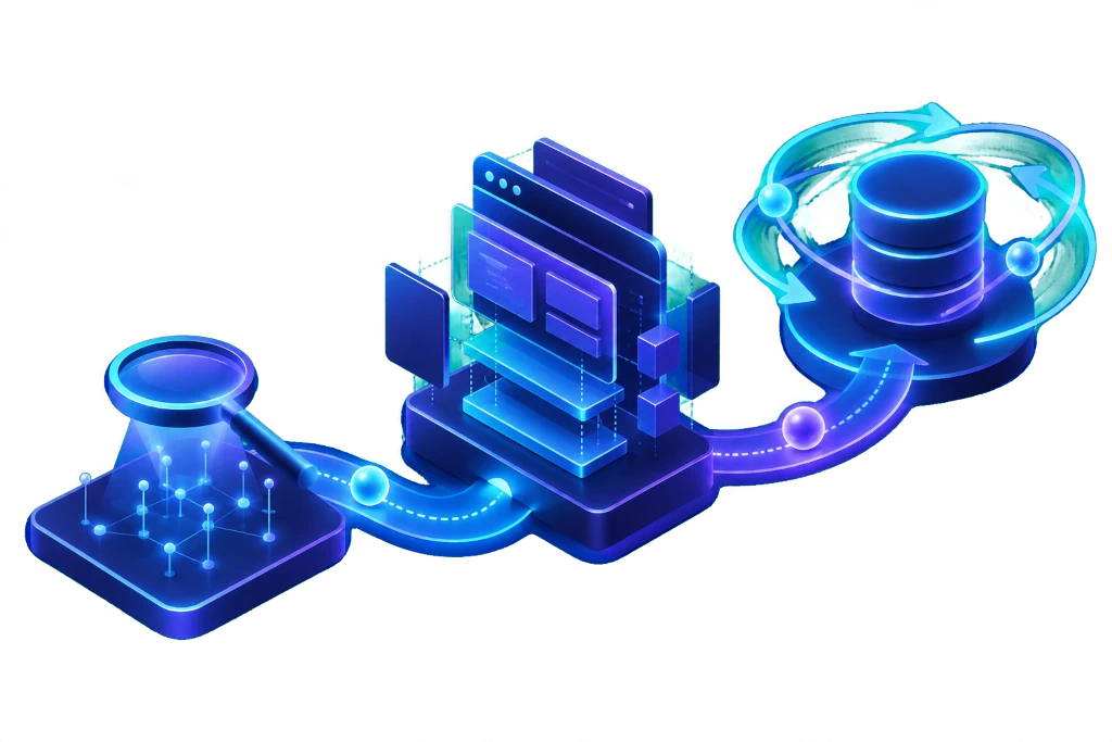 An isometric graphic representing Discovery with a magnifying glass, Design & Build with application windows, and Deployment with a database icon.