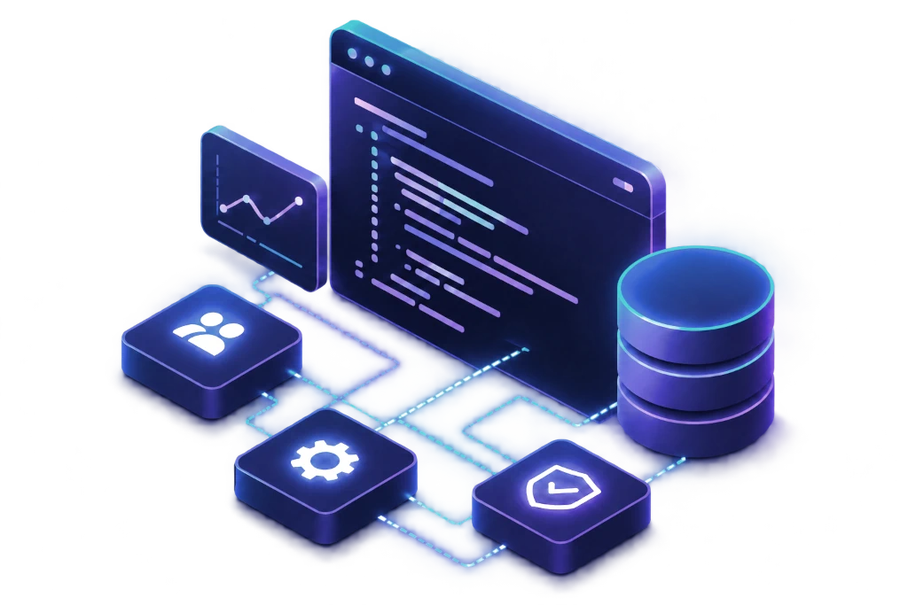 isometric graphic of a stylised computer display containing lines of code surrounded by smaller isometric shapes representing users, processes, security and databases with lines connecting them to the display.